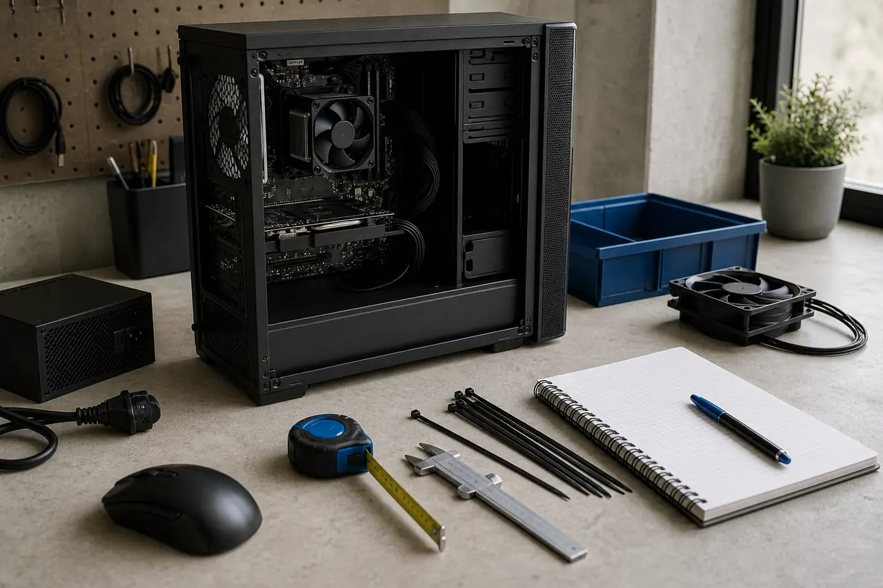 Geöffneter Desktop-PC mit Messwerkzeugen und Notizbuch auf einer hellen Werkbank